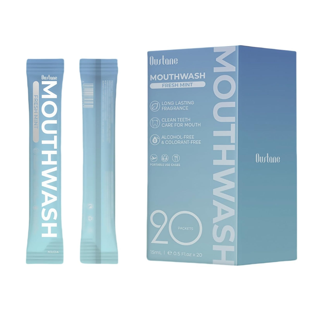 Product shot: Oustane travel-size fresh mint mouthwash 15ml packet
