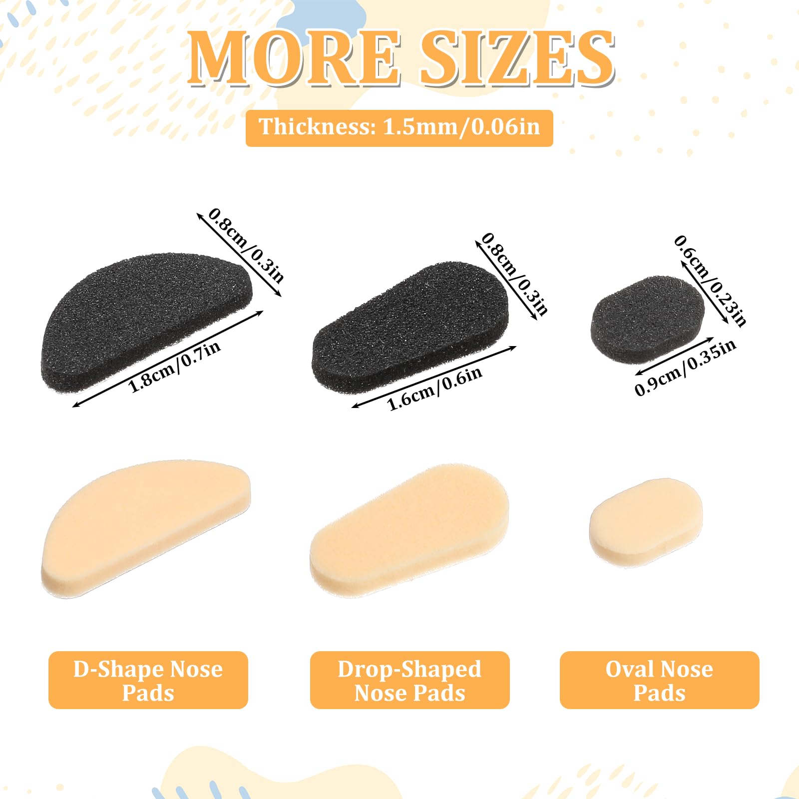 Oval-shaped nose pads sized 0.9 x 0.6 cm