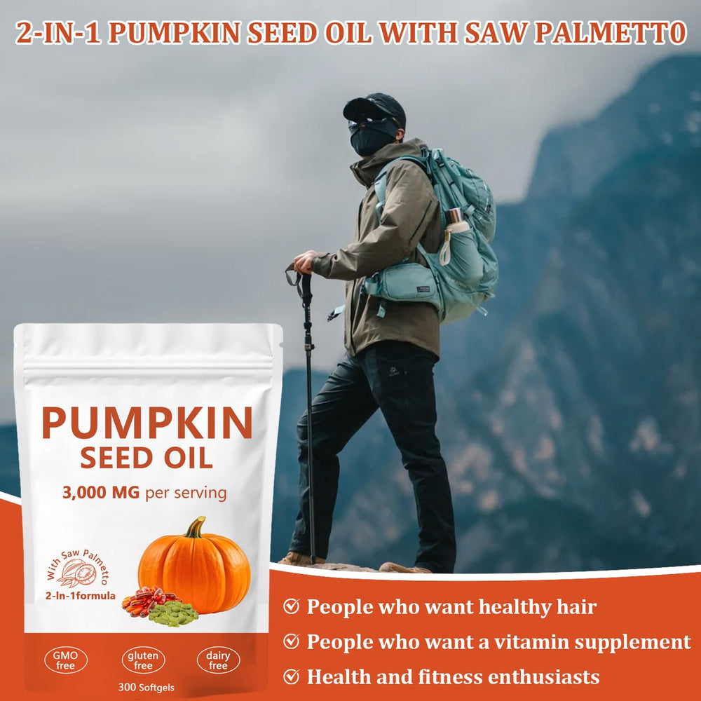 Bag of 300 pumpkin seed oil capsules in resealable pouch