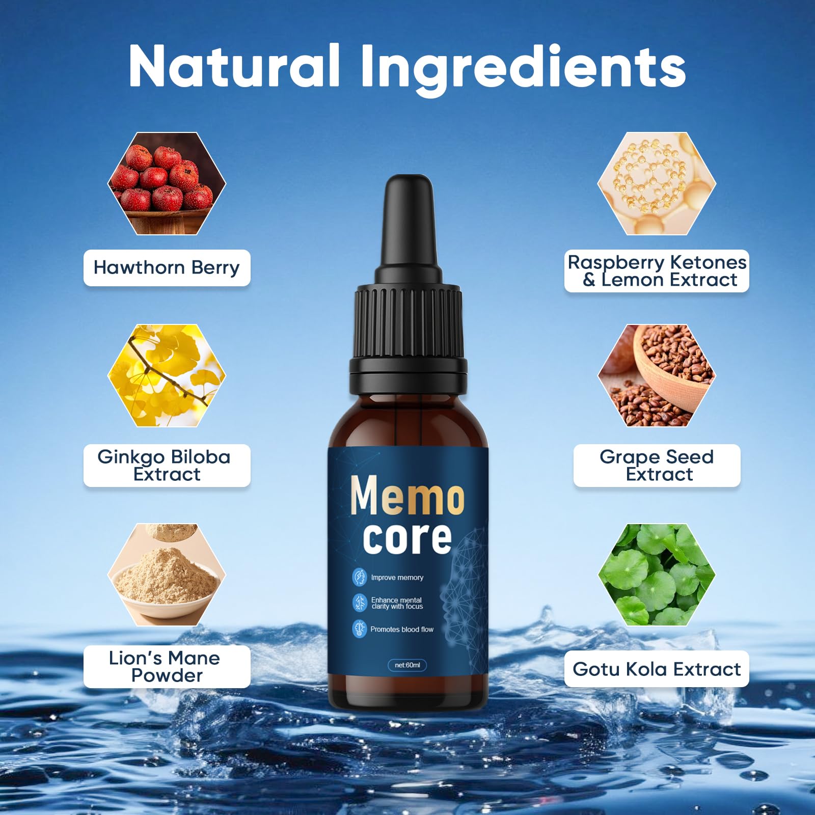 Memocore bottle labeled with CoQ10 and nootropic ingredients