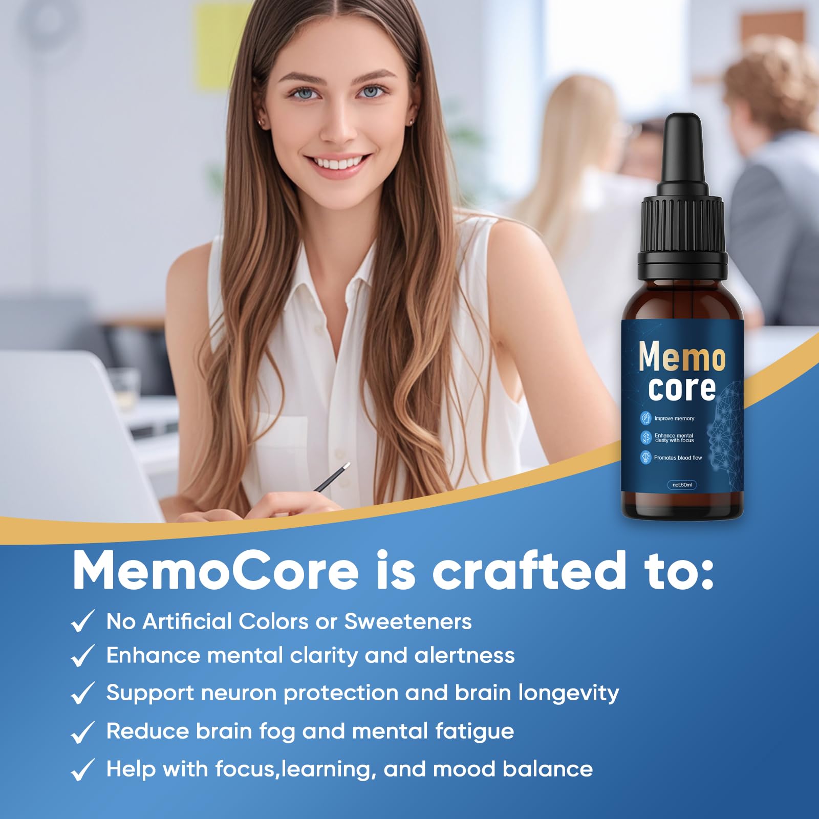 Close-up of the dropper dispensing Memocore liquid