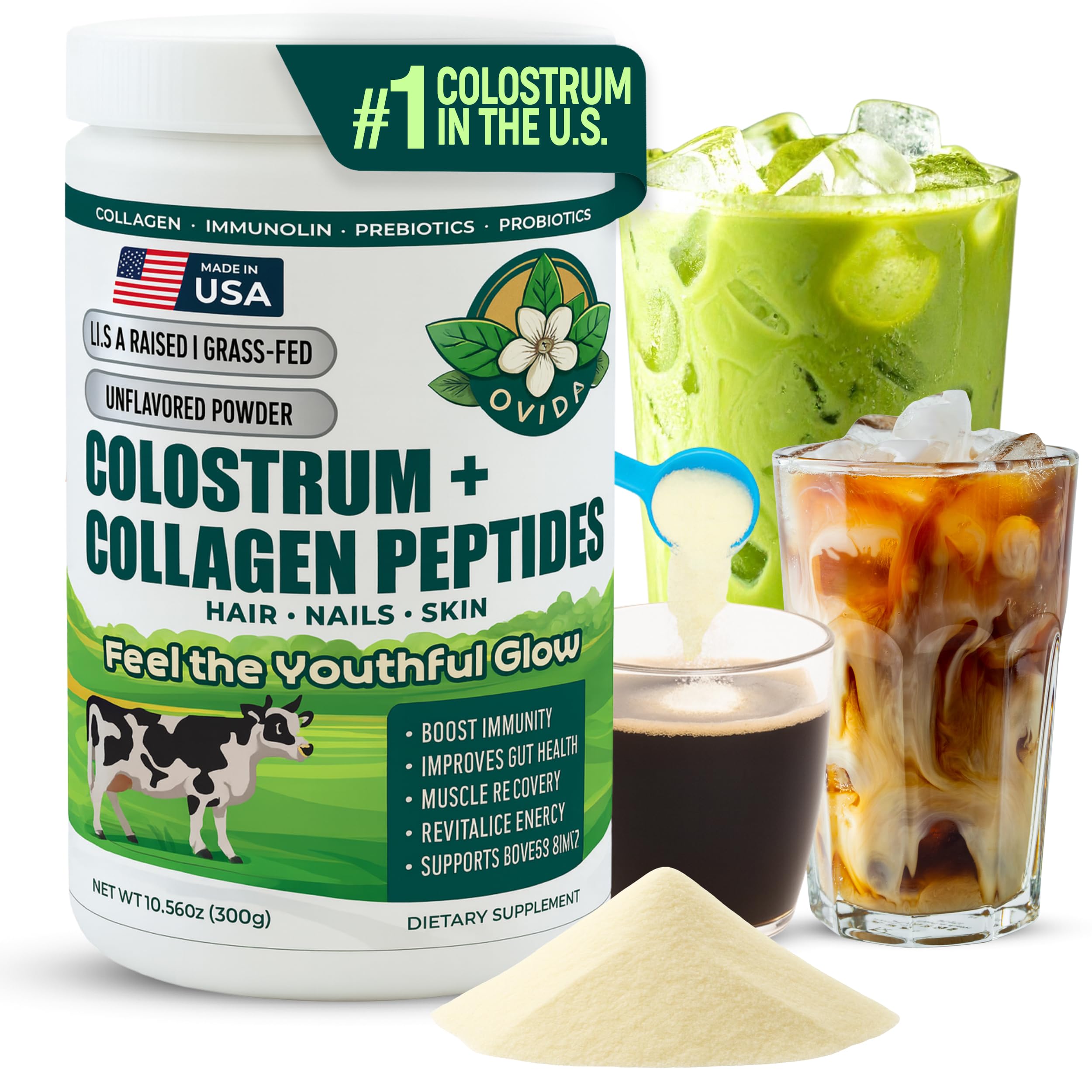 Front view of OVIDA Premium Bovine Colostrum & Collagen Peptides 300g tub