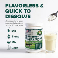 Ingredients panel highlighting bovine colostrum and hydrolyzed collagen peptides
