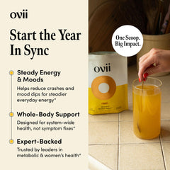 Close-up of Ovii powder texture highlighting smooth mixability and flavor