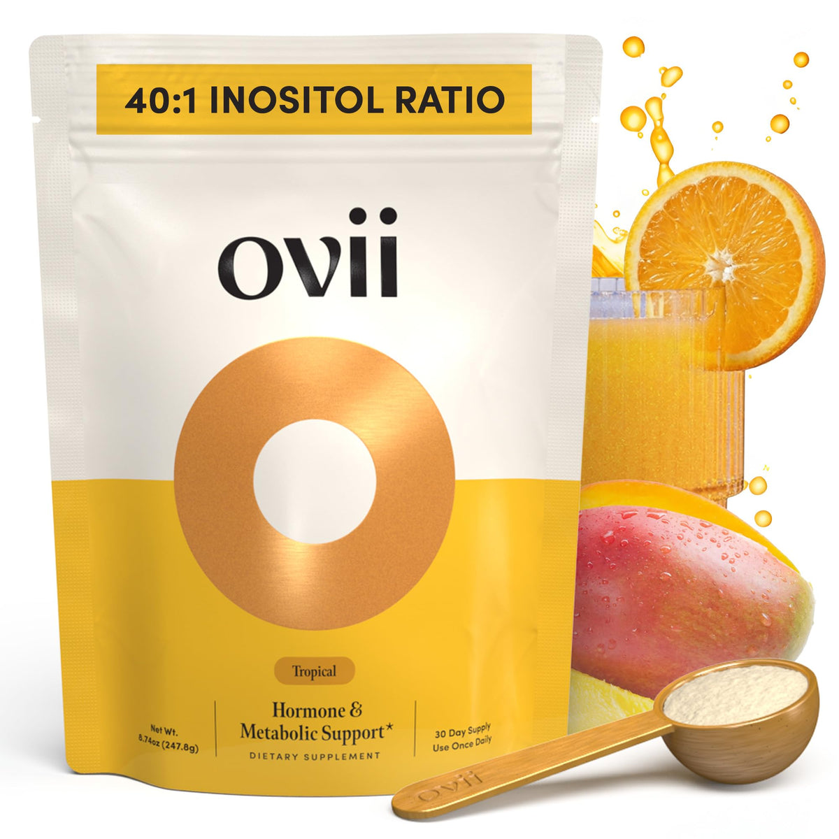Ovii tropical front packaging showing product benefits and serving count