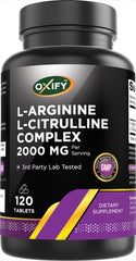 Oxify L-Arginine L-Citrulline Complex bottle label and tablets (front view)