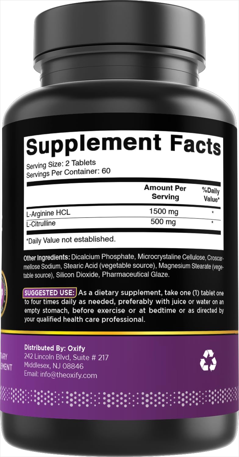 Nutrition facts panel for Oxify L-Arginine L-Citrulline Complex