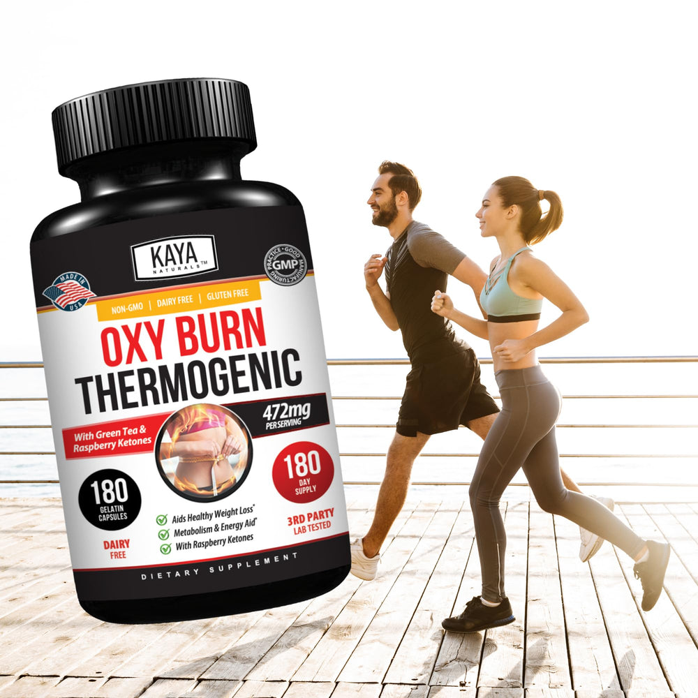 Non-GMO and gluten-free icons accompanying Oxy Burn package