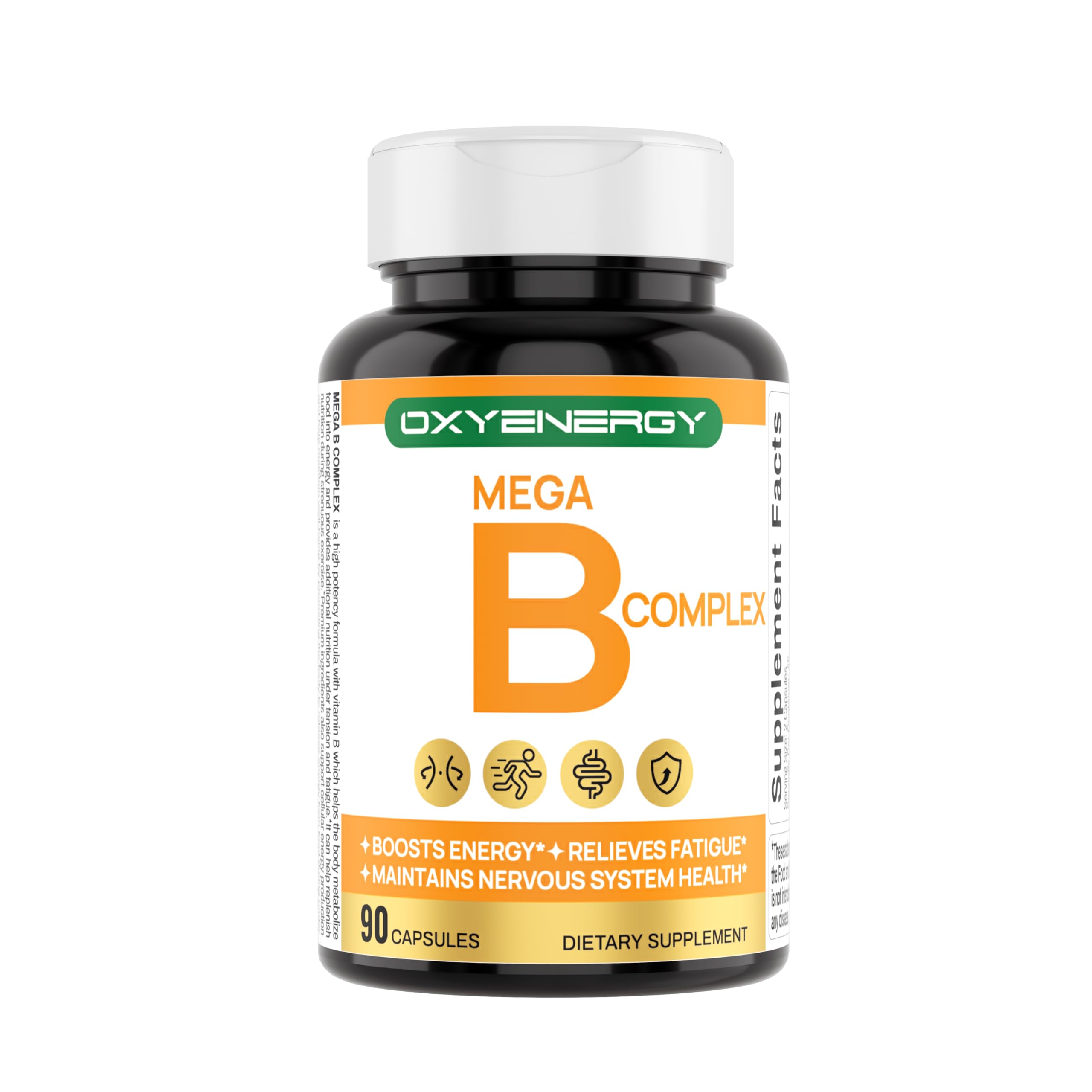 Front view of OxyEnergy Mega Vitamin B Complex bottle – 90 capsules