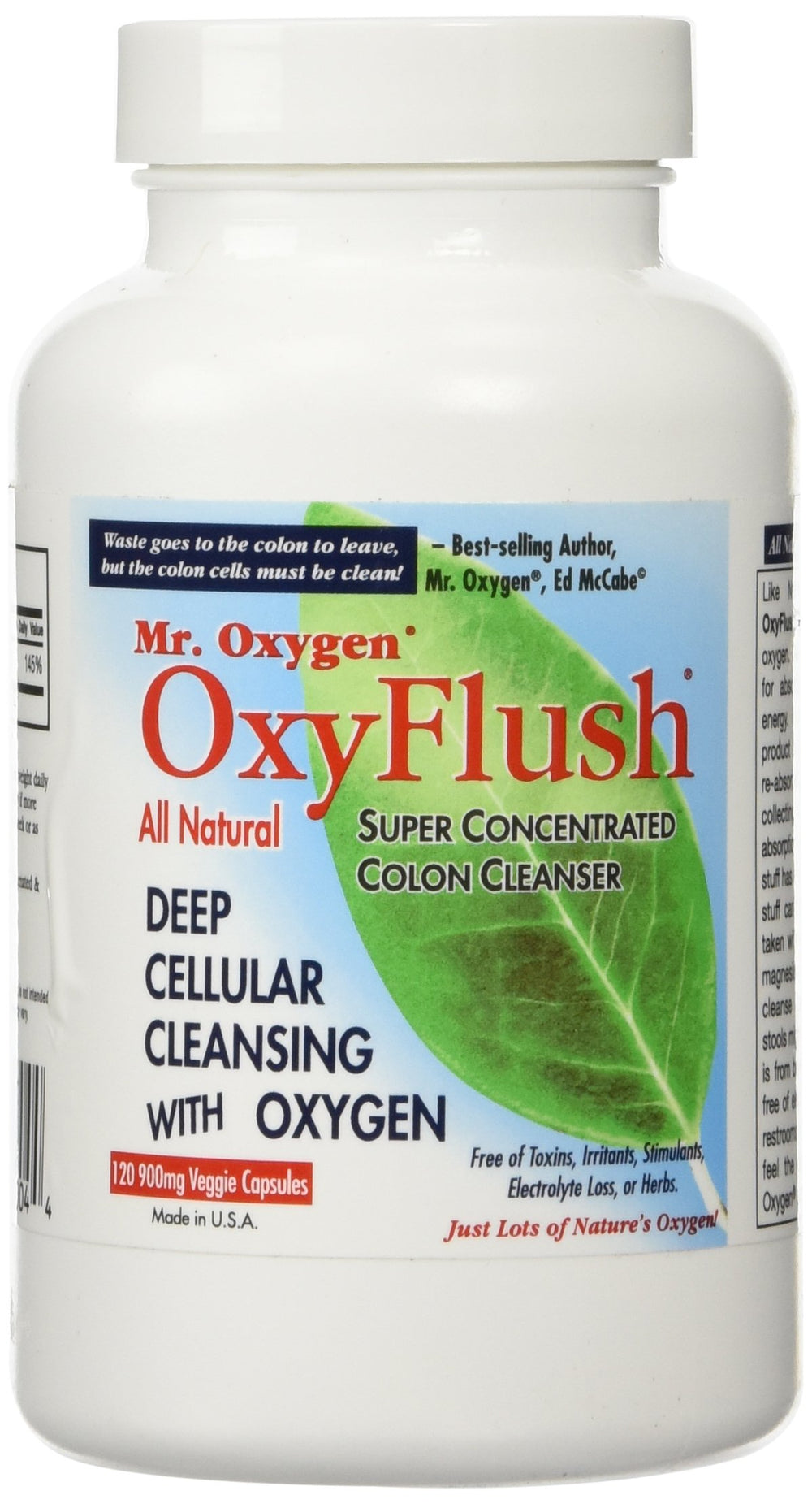 Front view of Mr. Oxygen OxyFlush 120-cap bottle