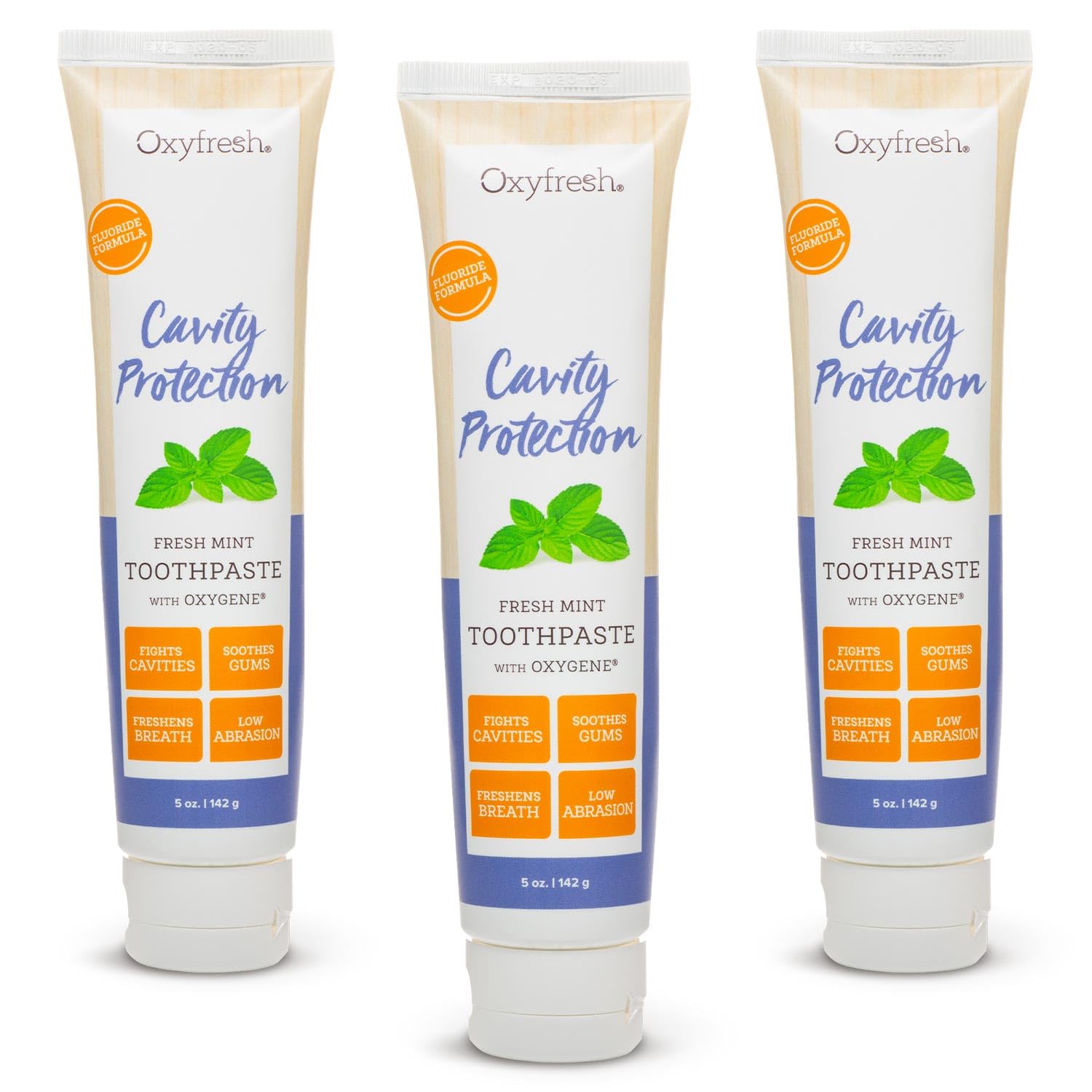 Front view of Oxyfresh Cavity Protection toothpaste with Fresh Mint flavor, 5 oz, pack of 3