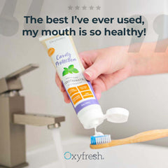 Close-up of toothpaste tube label and Fresh Mint branding