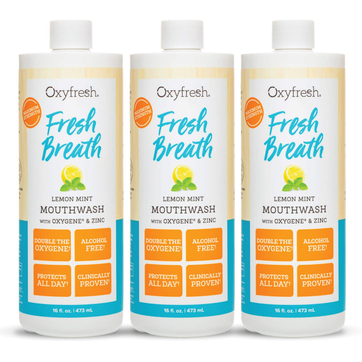 Pack front view of Oxyfresh Lemon Mint Mouthwash 3-pack