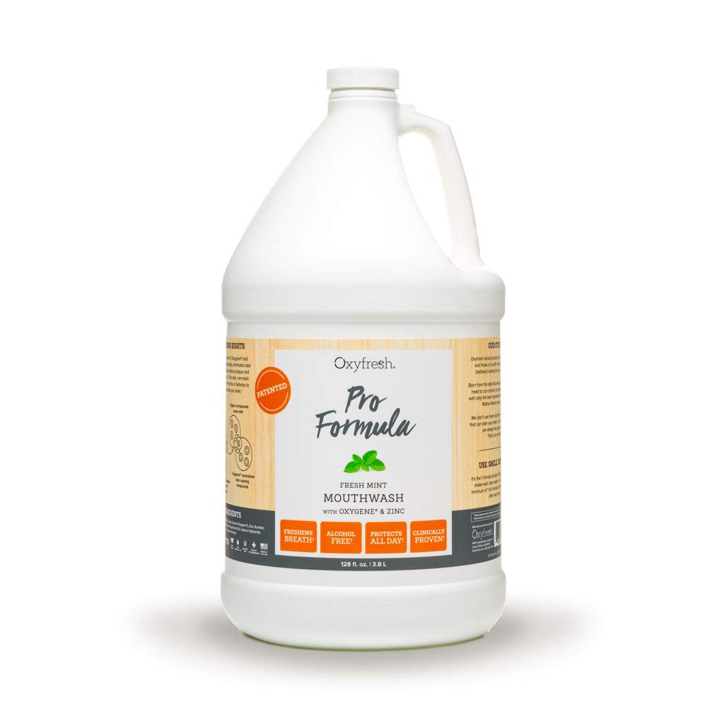 Front view of Oxyfresh Pro Formula Fresh Mint Mouthwash 1 gallon bottle