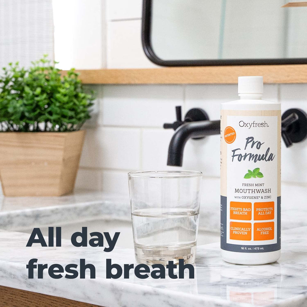 Close-up of product label on Oxyfresh Mouthwash bottle
