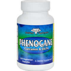 Oxylife Phenocane 120-capsule bottle featuring curcumin, DL-phenylalanine, nattokinase and bromelain