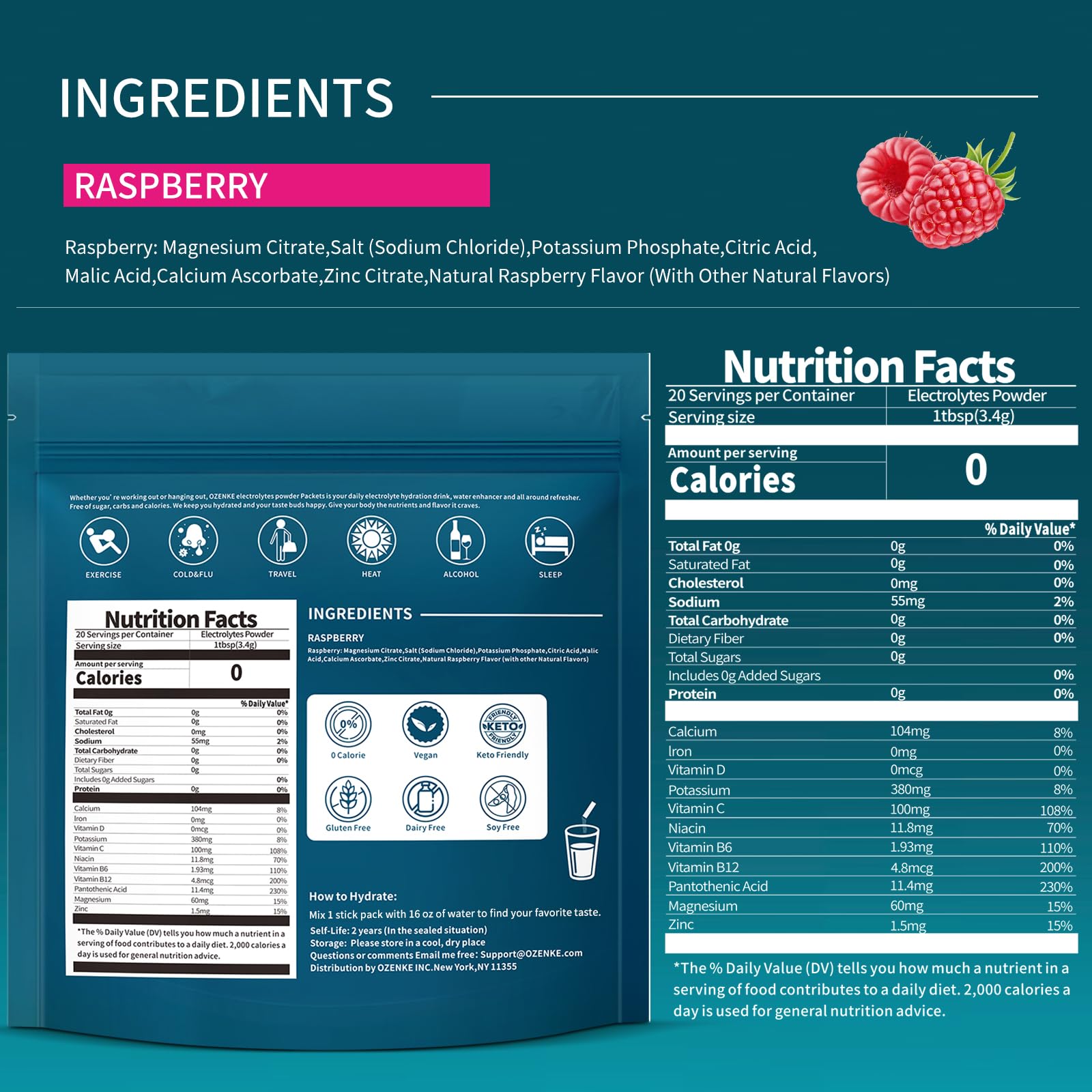 Close-up of Raspberry flavor electrolyte packets