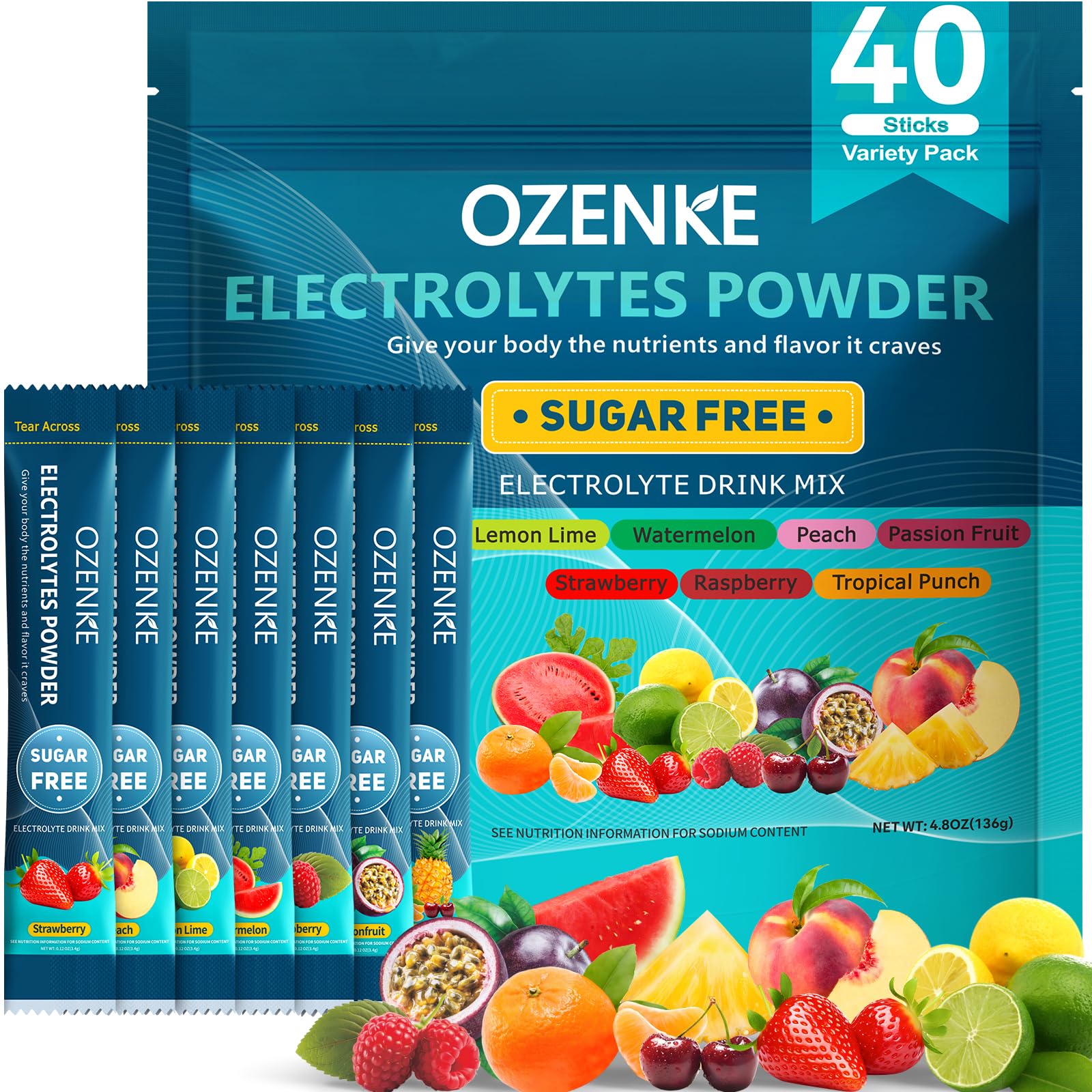 OZENKE Lemon Lime Electrolyte Packets – Sugar Free, 0 Cal, 40 Sticks
