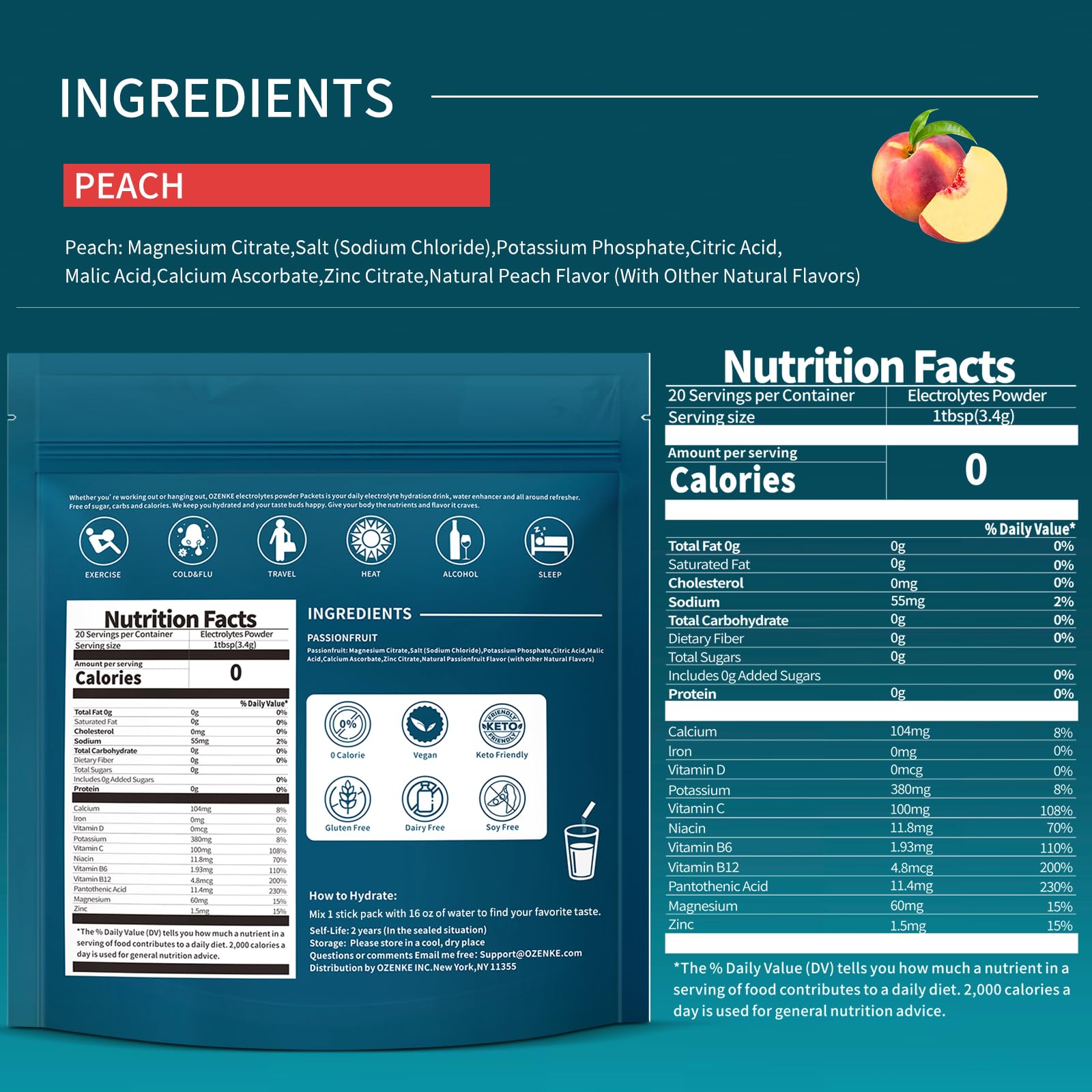 Unopened OZENKE Peach electrolyte sticks packets