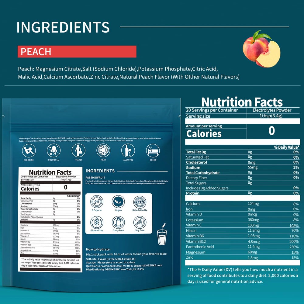 Unopened OZENKE Peach electrolyte sticks packets