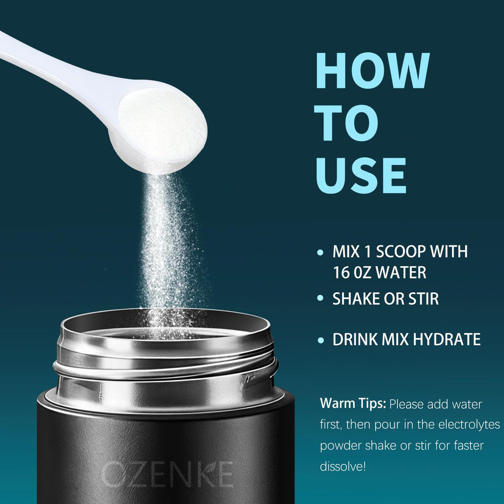 OZENKE electrolytes powder ingredients label show minerals for balanced hydration.