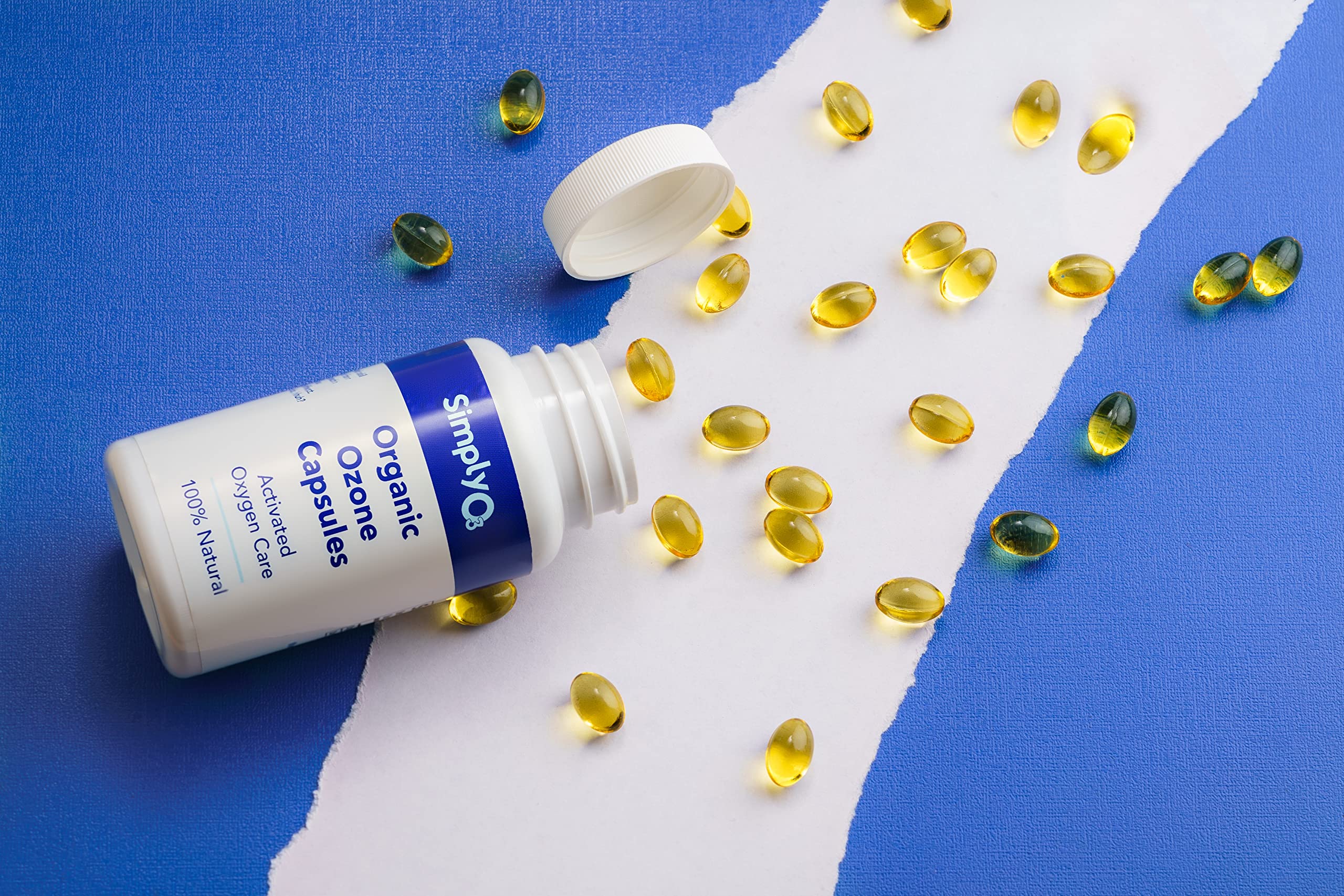 Close-up of ozonated olive oil capsules 120 count
