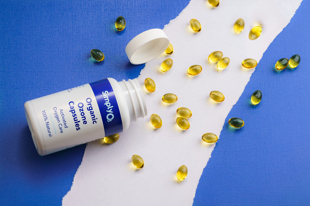 Close-up of ozonated olive oil capsules 120 count
