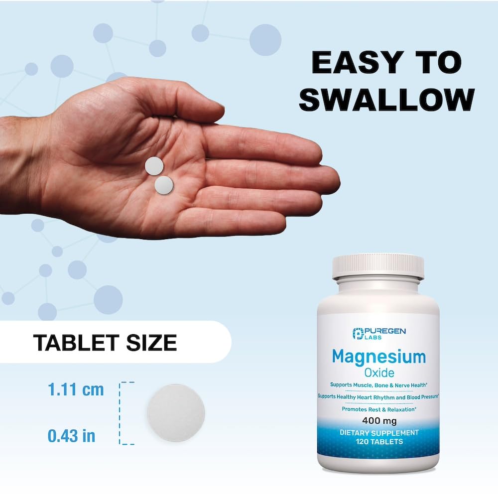 P Puregen Labs Magnesium 400mg bottle with dosage chart for easy daily use.