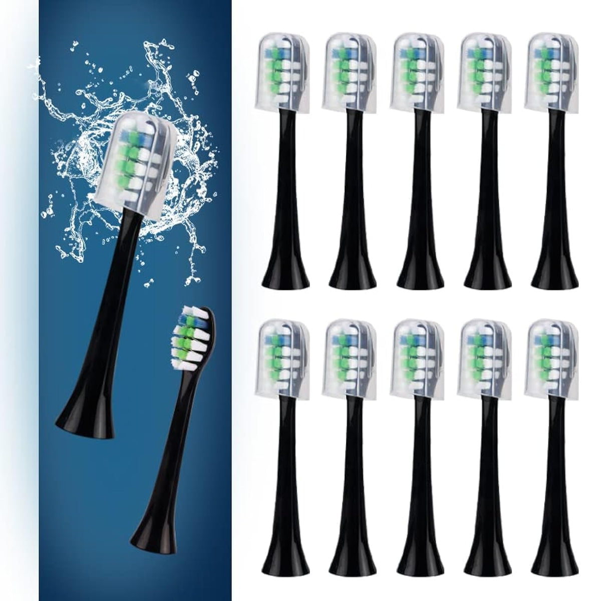 12-pack replacement toothbrush heads for Fairywill P11 T9, black, front view