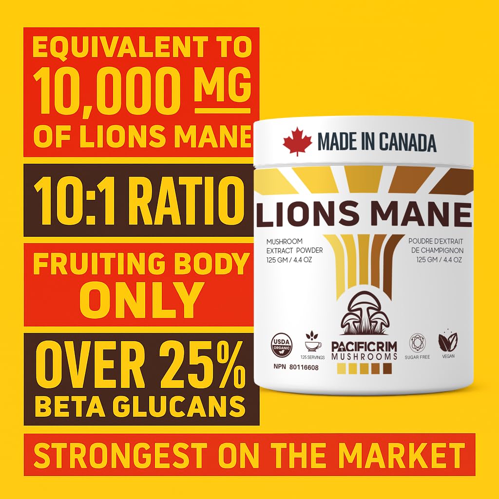 Close-up of Lions Mane powder label showing organic certifications