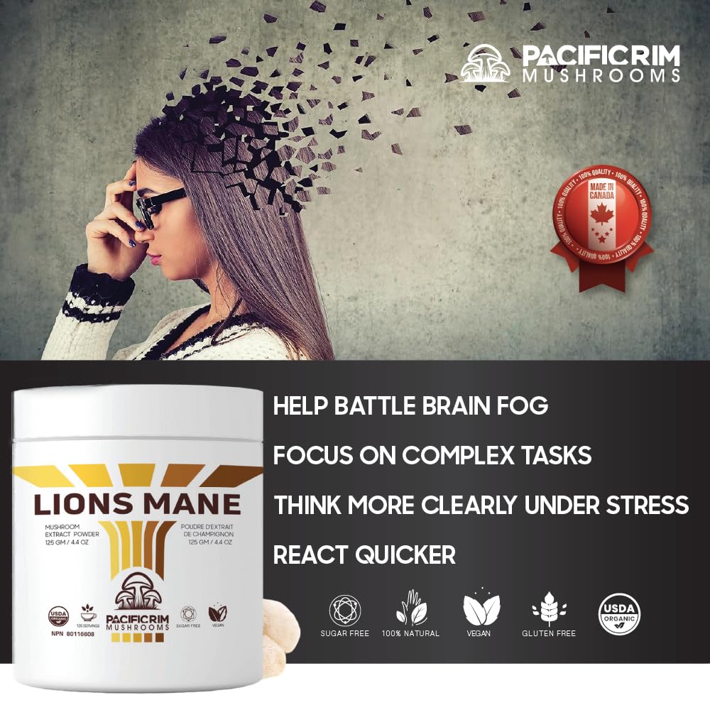 4.4-ounce jar of Lions Mane powder with label and scoop