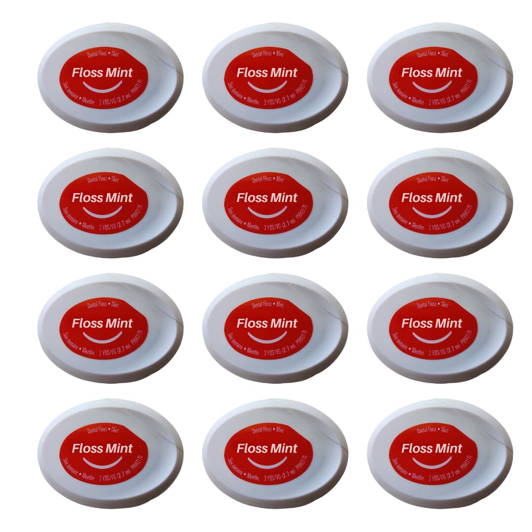 Pack of 12 travel size mint dental floss in a compact pocket case