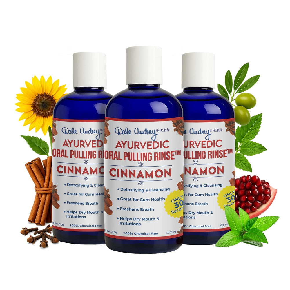 Pack of 3 Ayurvedic oil pulling bottles for teeth and gums with cinnamon flavor