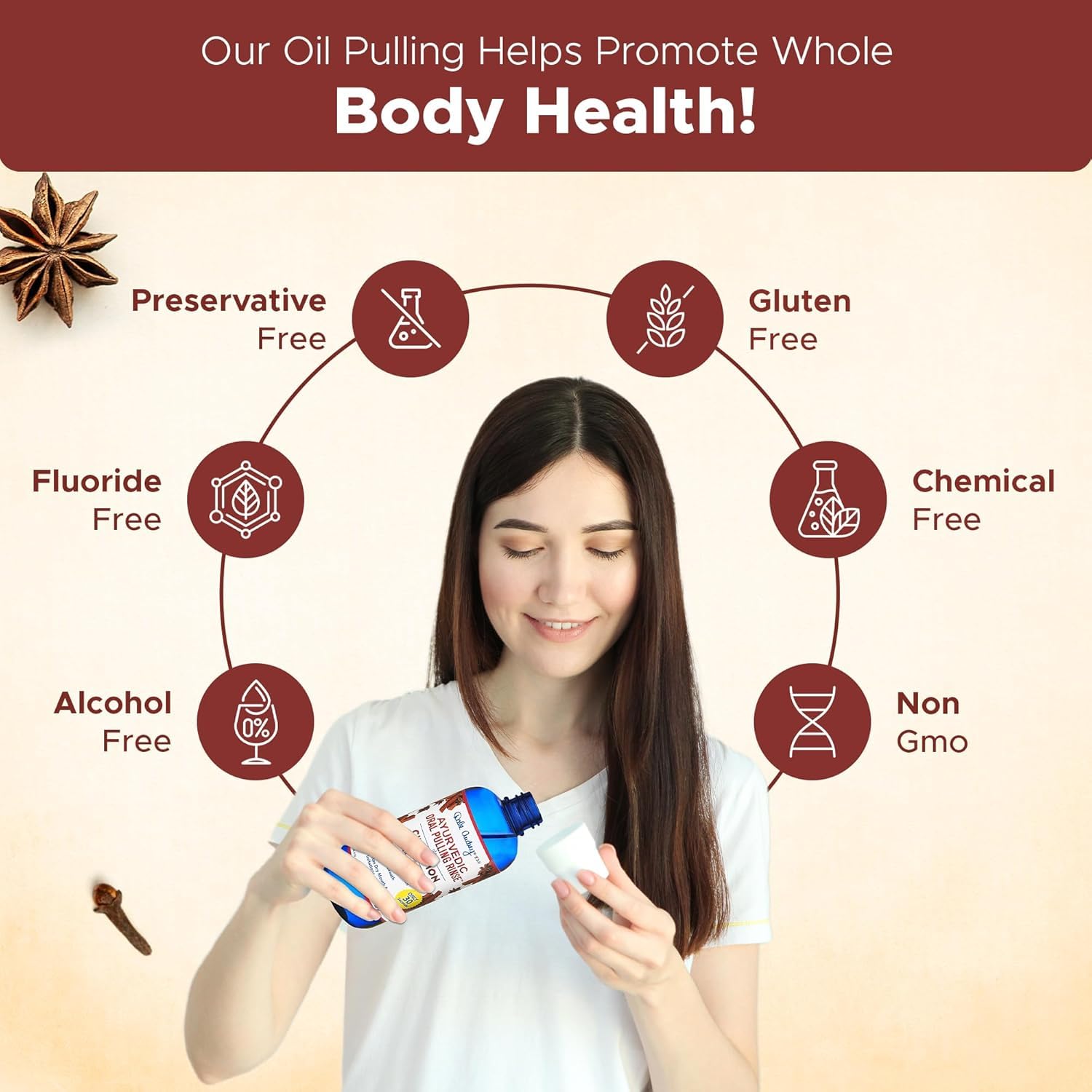 Close-up of oil pulling ingredients and cinnamon-flavored mouthwash bottle