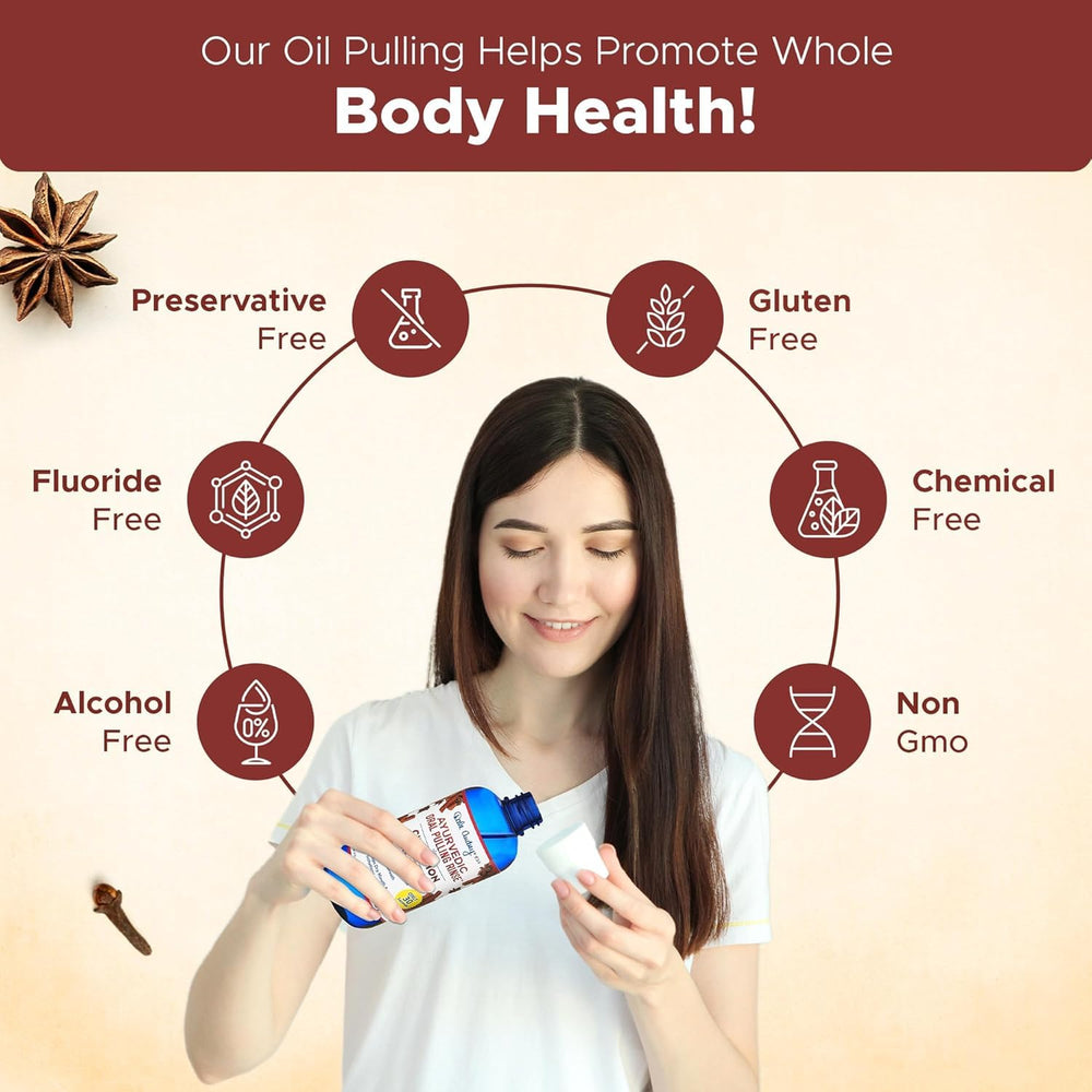 Close-up of oil pulling ingredients and cinnamon-flavored mouthwash bottle