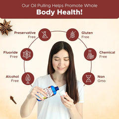 Close-up of oil pulling ingredients and cinnamon-flavored mouthwash bottle