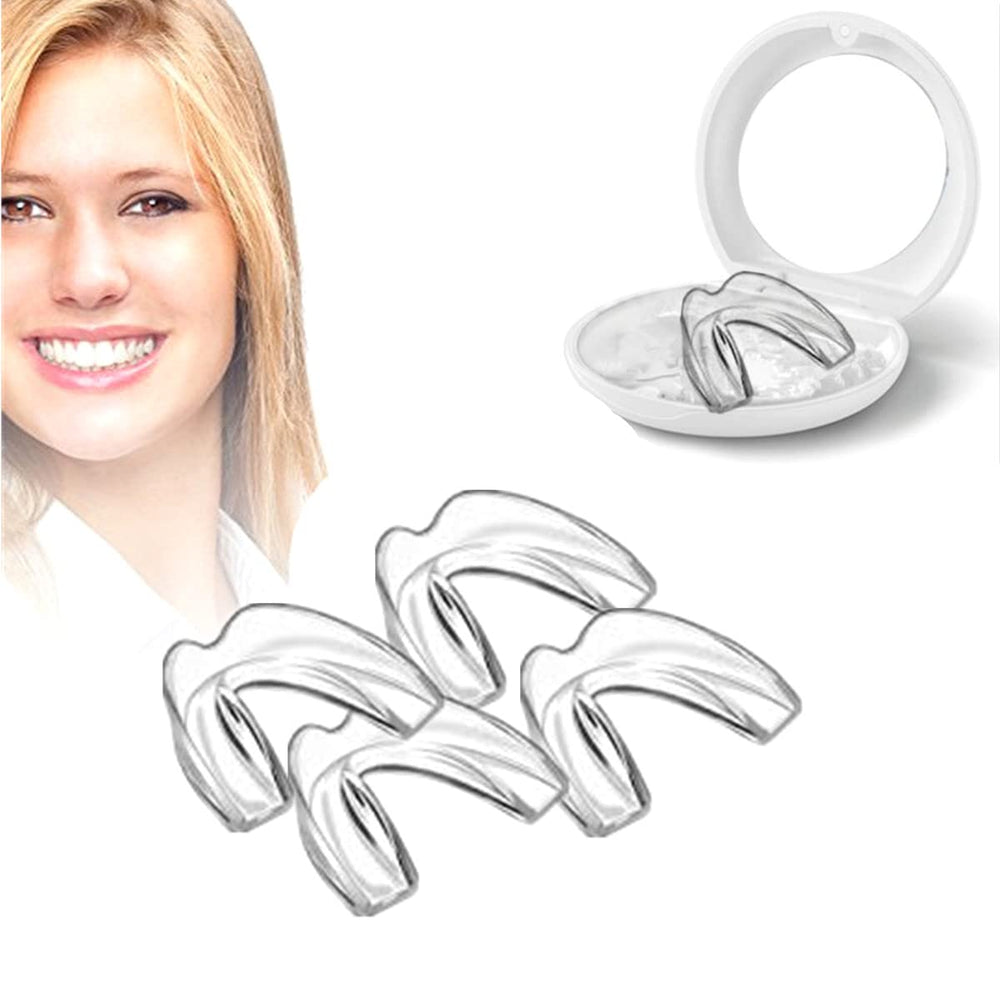 Pack of 4 white custom mouth guards with magnetic mirror box - front view