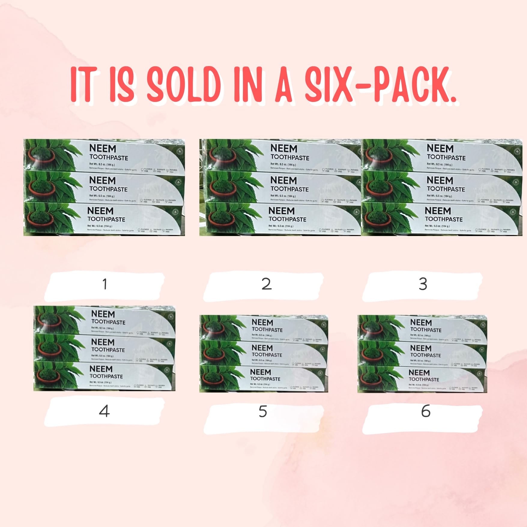 Six toothpaste tubes arranged in a six-pack