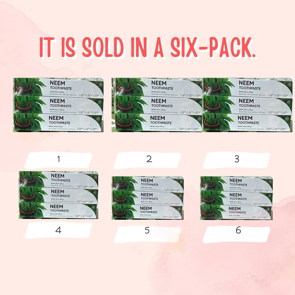 Six toothpaste tubes arranged in a six-pack