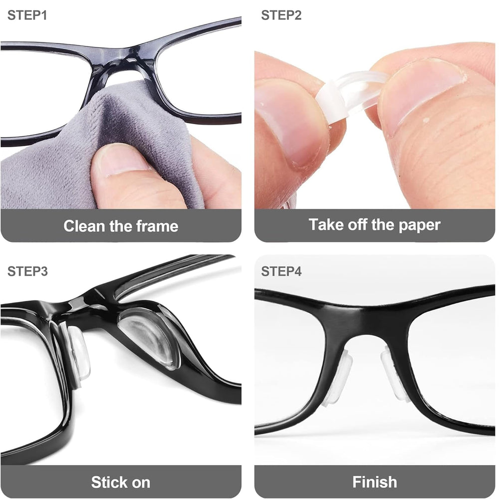 Packaging showing 10 pairs of silicone eyeglass nose pads