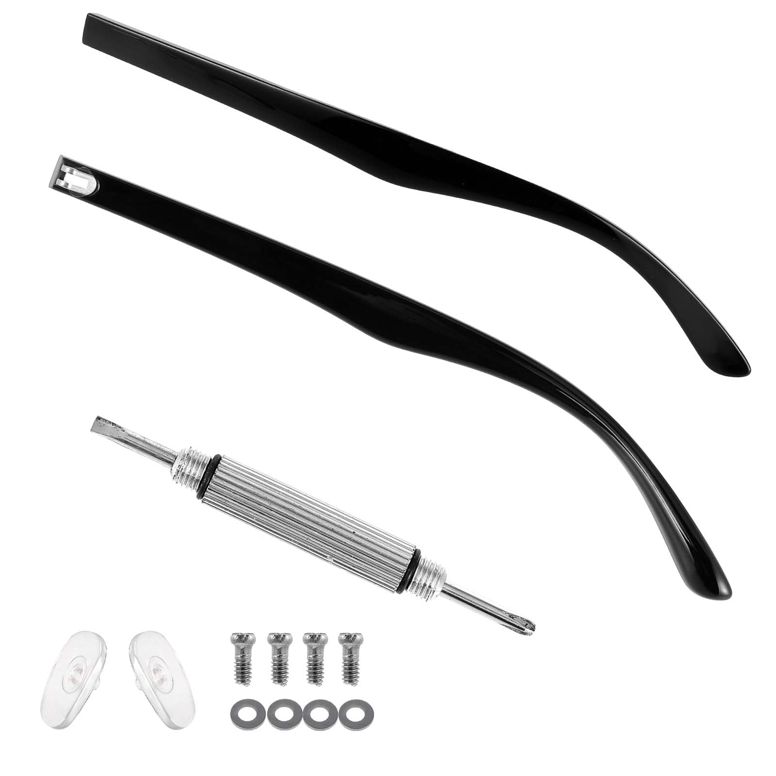 Includes 1 replacement temple with screws, nose pads and screwdriver