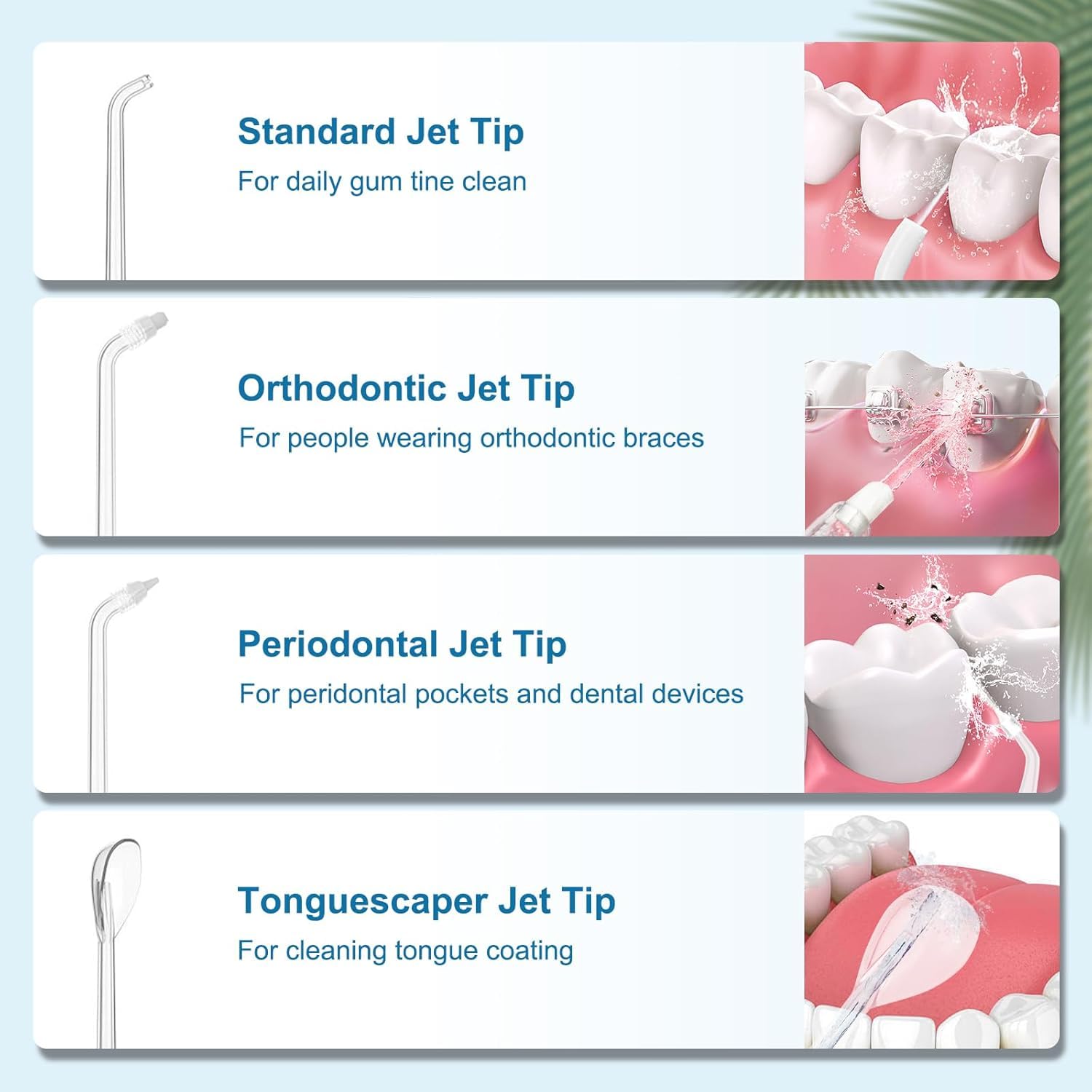 Package includes oral irrigator, four nozzles, USB-C cable, bag, and manual