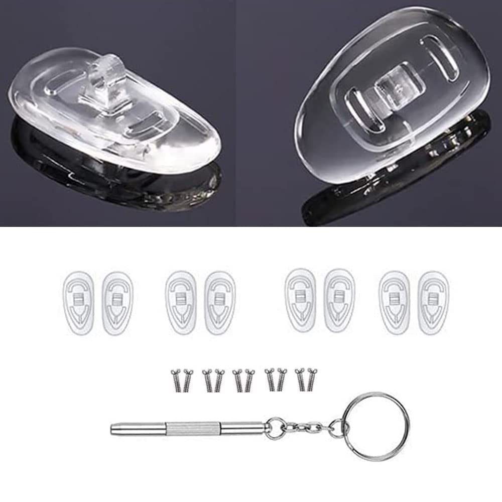 Packaging showing nose pads, screws, and screwdriver