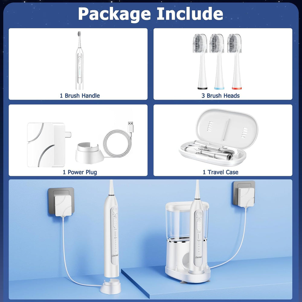 What’s included in the package: charging base, heads, and tank