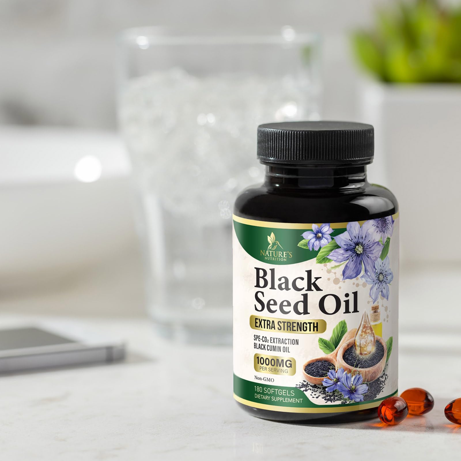 Box and bottle packaging of black seed oil 180 softgels