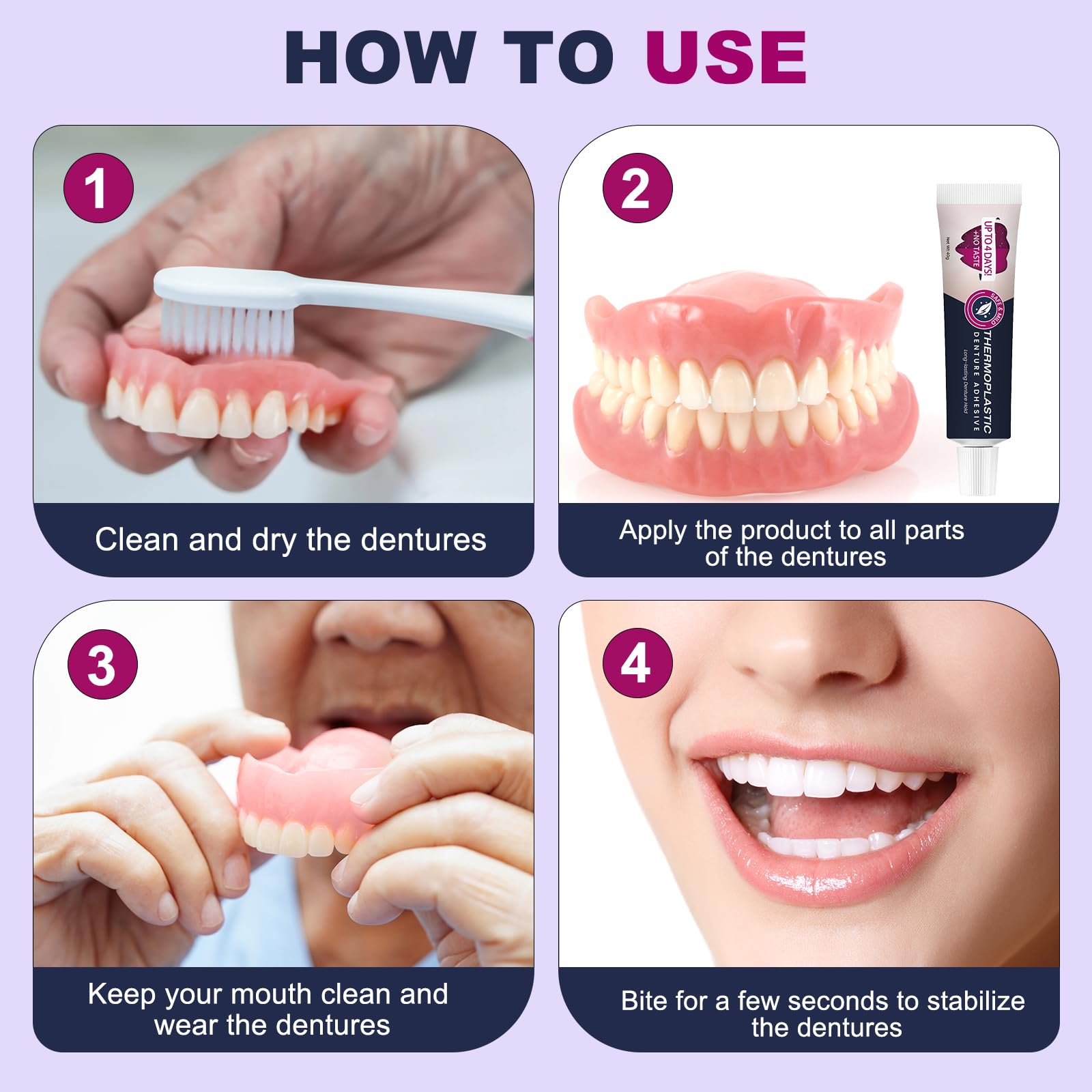Packaging and contents of the denture adhesive kit