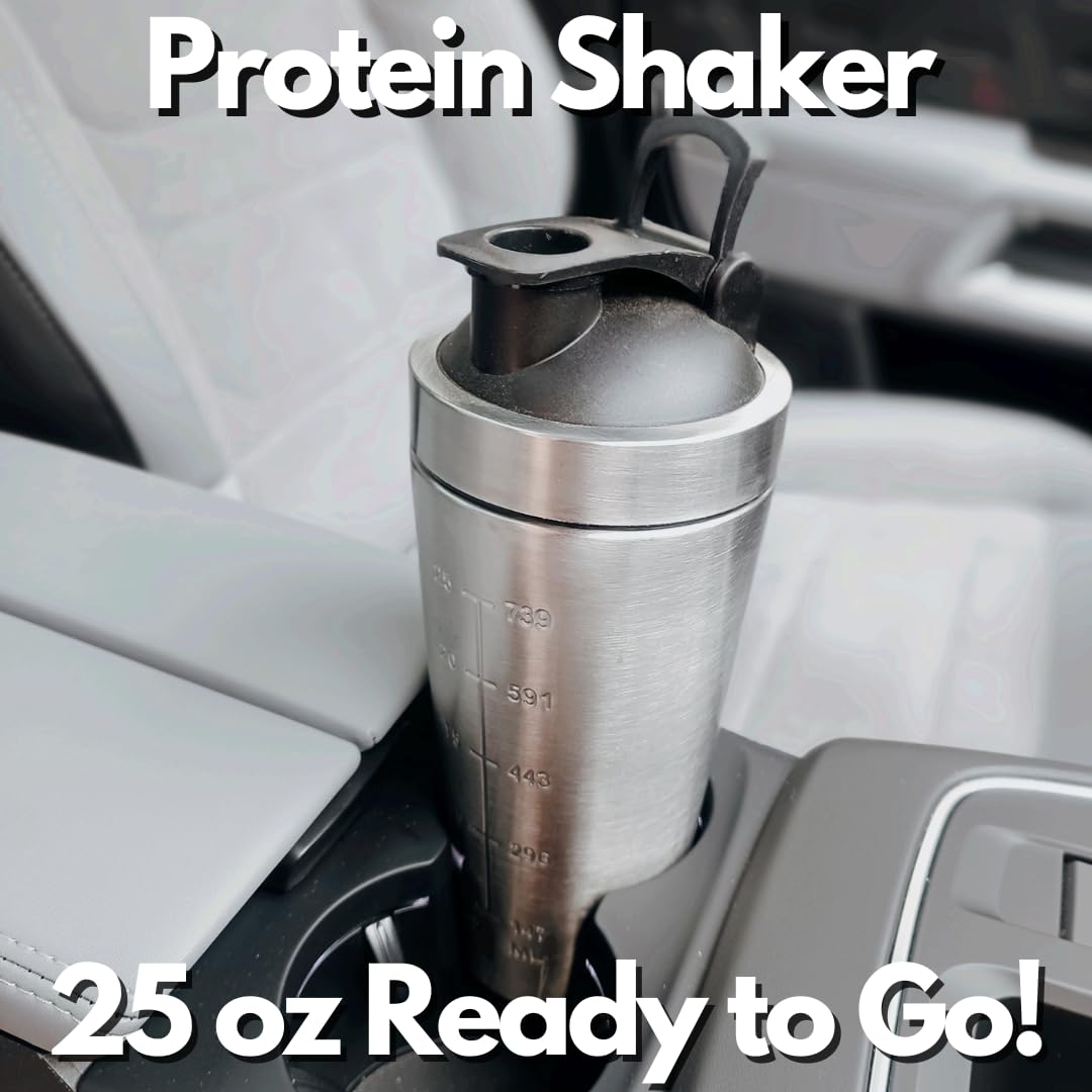 Packaging of 25-ounce stainless steel protein shaker
