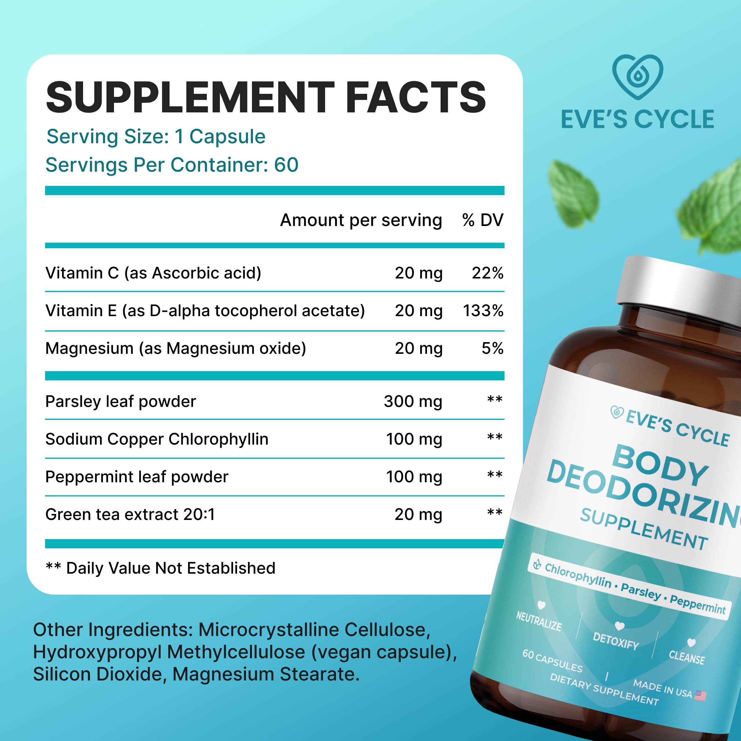 Packaging showing 60 pills bottle for the supplement