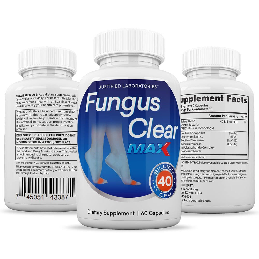 Packaging and nutrition facts label for Fungus Clear Max Probiotic