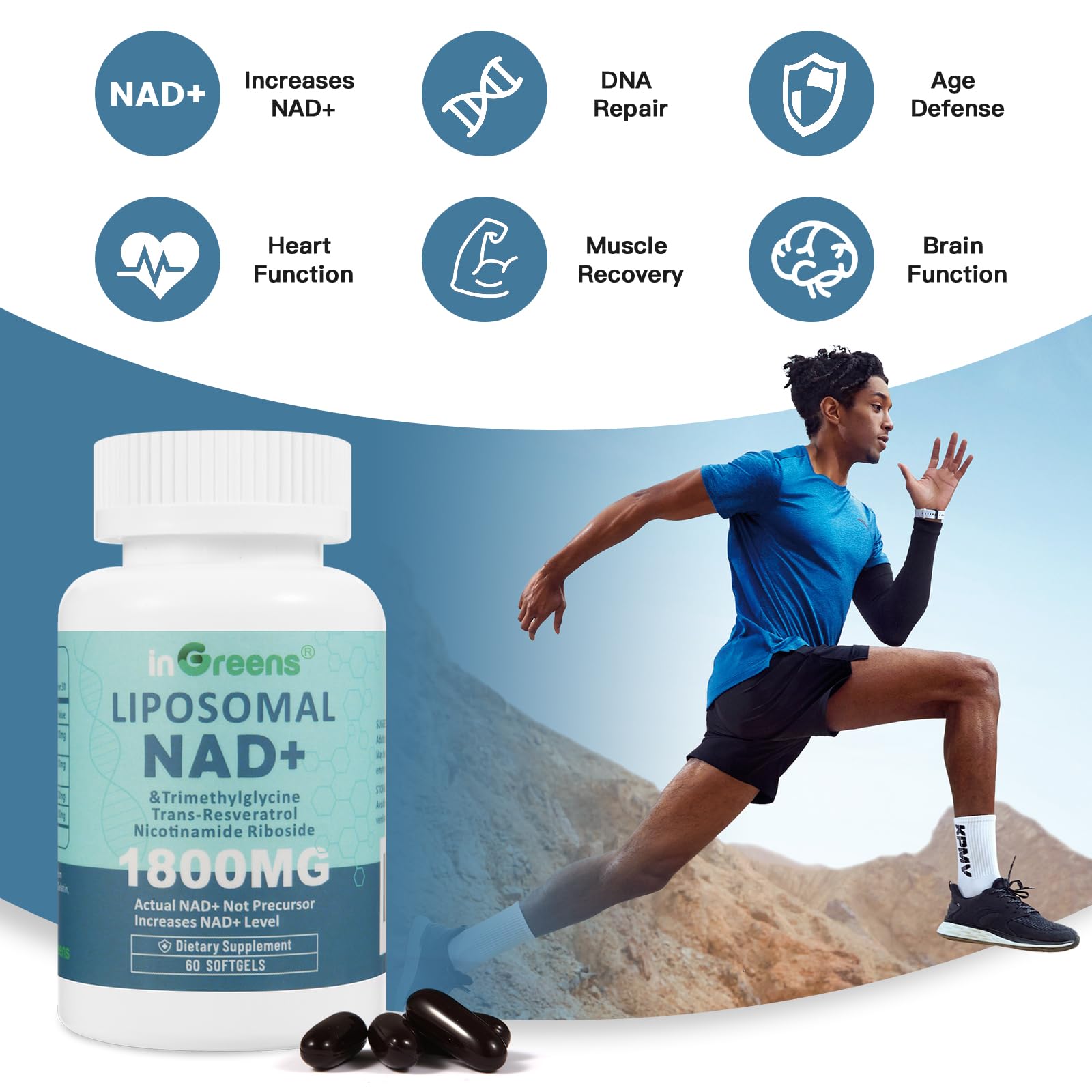 Product packaging with nutrition facts for Liposomal NAD+ NAD+ supplement